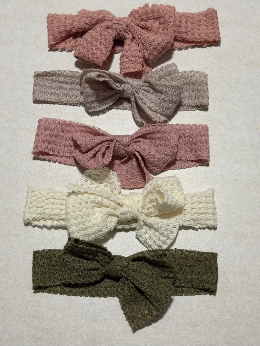 Soft Waffle Knit Baby Bow Headband Set Pink, Taupe, Dusty Rose, Cream & Olive